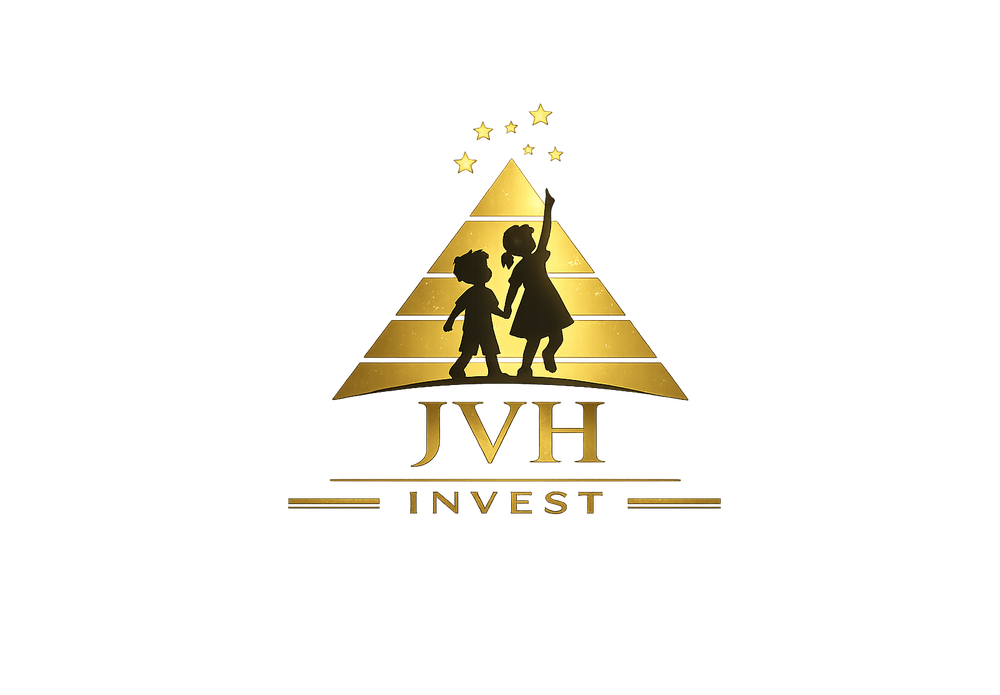 Logo JVH Invest : une pyramide dorée, deux enfants main dans la main, des étoiles au sommet