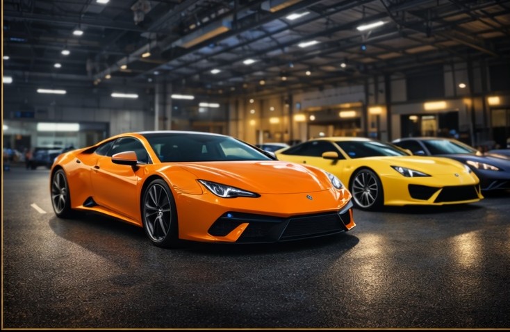 Voitures de sport orange et jaune dans un hangar